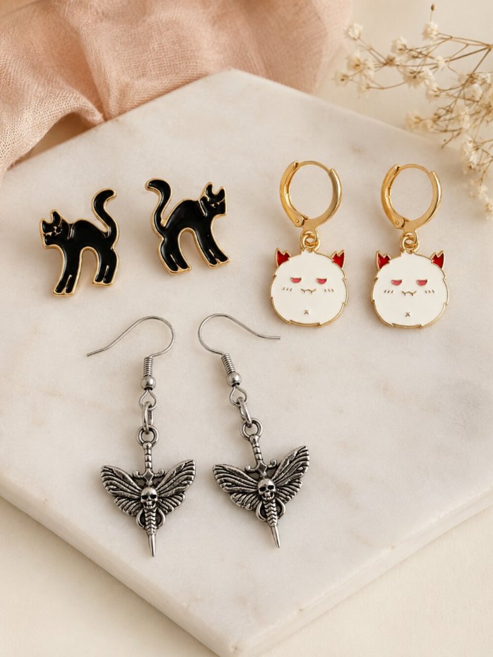 New 3 Pair Cat Butterfly Skull Earrings Cute Gothic Jewelry Set